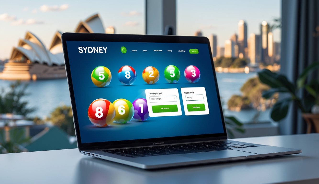 Seorang pengguna sedang menggunakan laptop di ruang kerja dengan pemandangan kota Sydney di latar belakang.