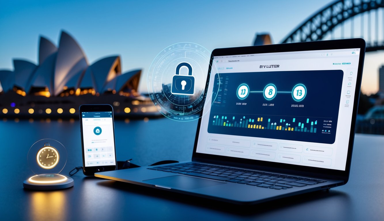 Meja kerja dengan laptop dan ponsel menampilkan antarmuka lotere digital, dengan latar belakang pemandangan kota Sydney yang samar.