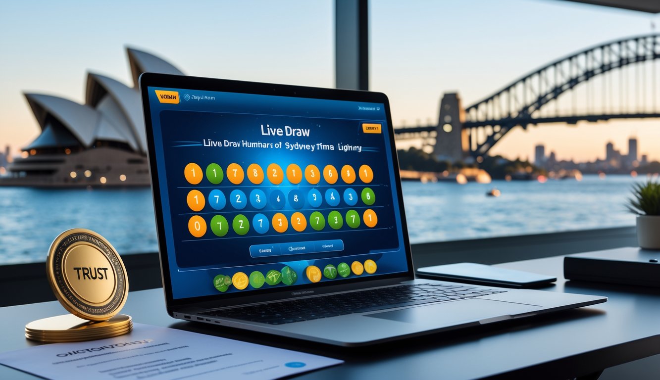 Seorang pria menggunakan laptop di meja kerja dengan latar belakang siluet kota Sydney dan layar menampilkan angka undian secara langsung.