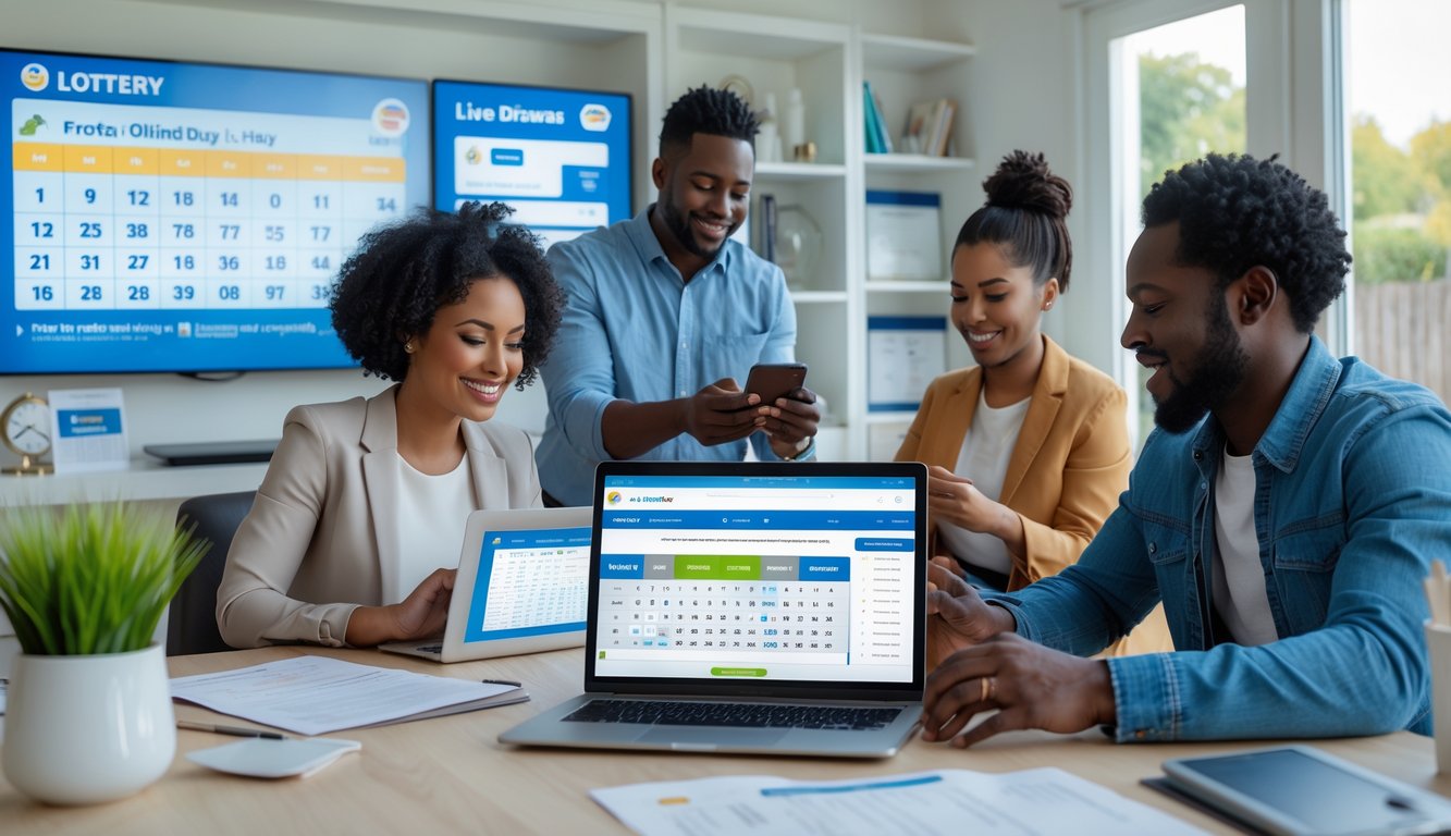 Sekelompok orang beragam sedang menggunakan perangkat digital untuk mengikuti undian togel online di ruangan modern yang terang dan rapi.