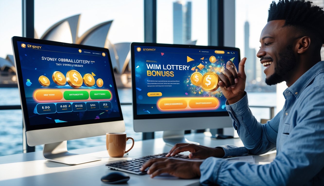 Seseorang sedang menggunakan komputer dengan tampilan situs togel online bertema Sydney di layar, di meja kerja yang rapi dan terang.