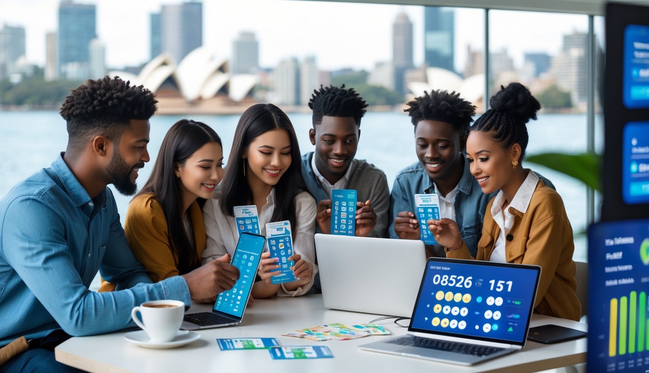 Sekelompok orang muda sedang menggunakan laptop dan ponsel di ruang kerja modern dengan latar belakang siluet Sydney, memeriksa hasil togel online dan berdiskusi.