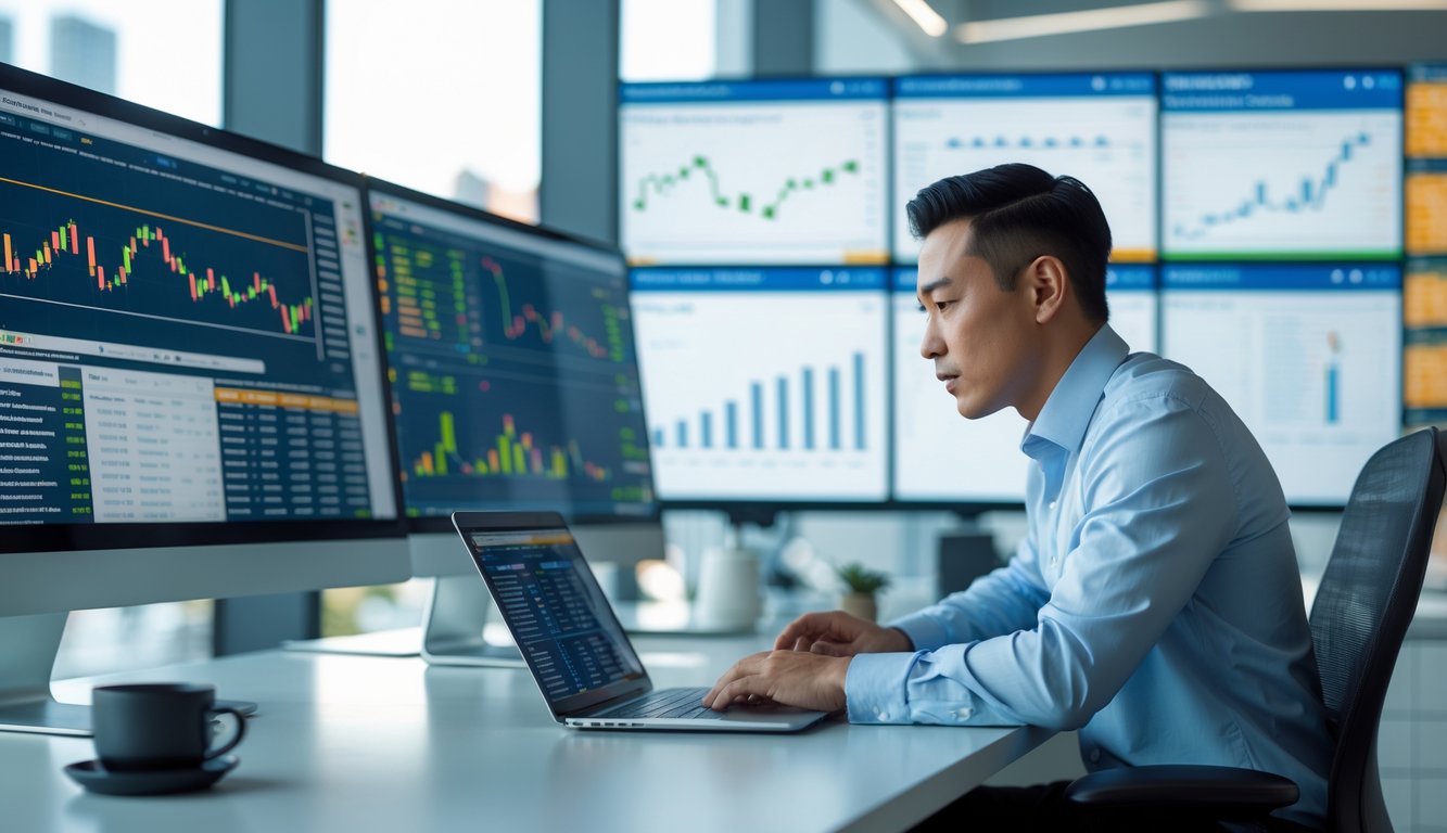 Seorang pria Asia bekerja di kantor modern dengan beberapa layar komputer yang menampilkan data dan grafik terkait togel online, dengan pemandangan kota Sydney di latar belakang.