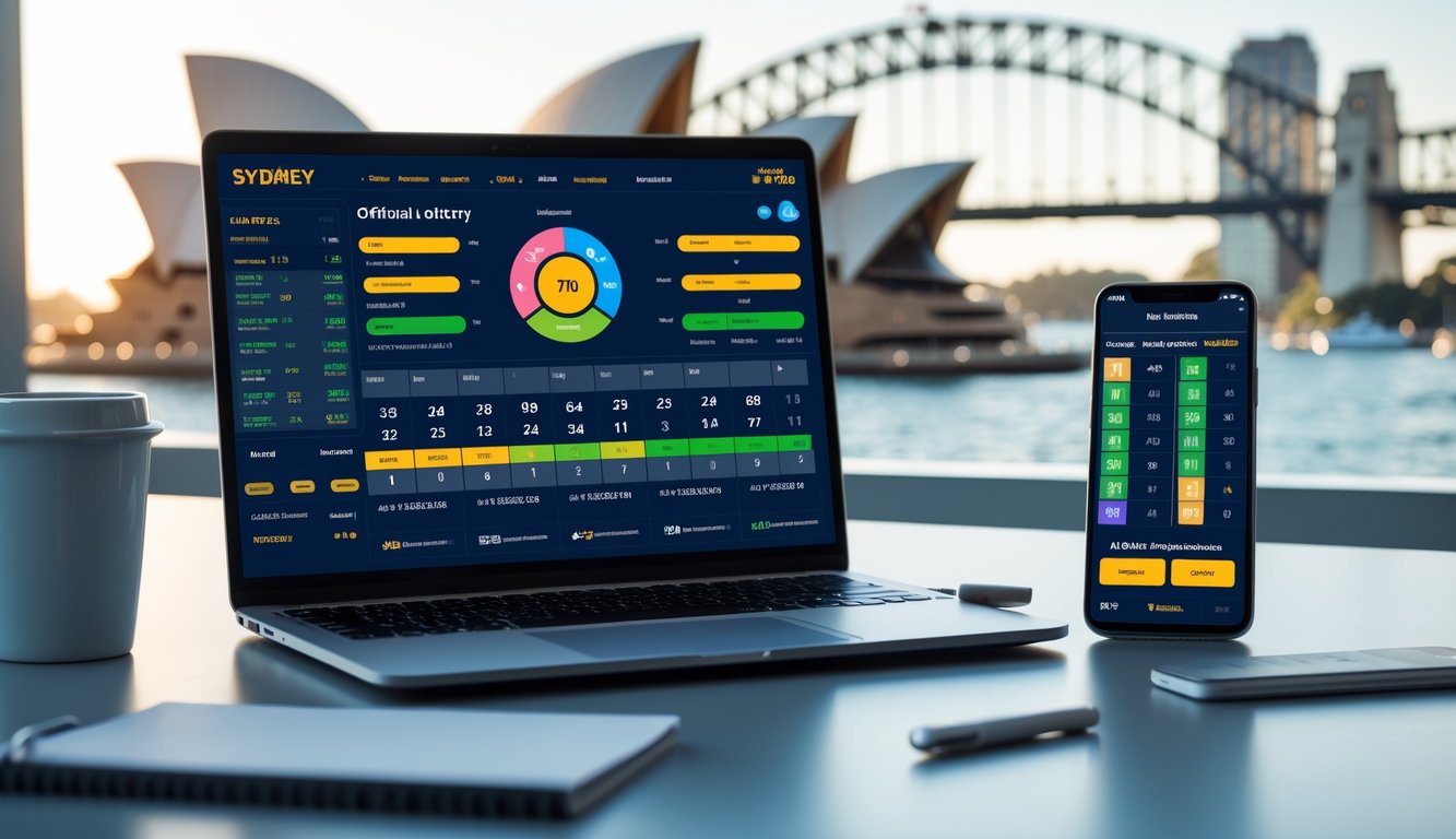 Seorang profesional menggunakan laptop dan ponsel untuk melihat hasil dan taruhan togel online resmi Sydney di meja kerja dengan latar belakang ikon Sydney.