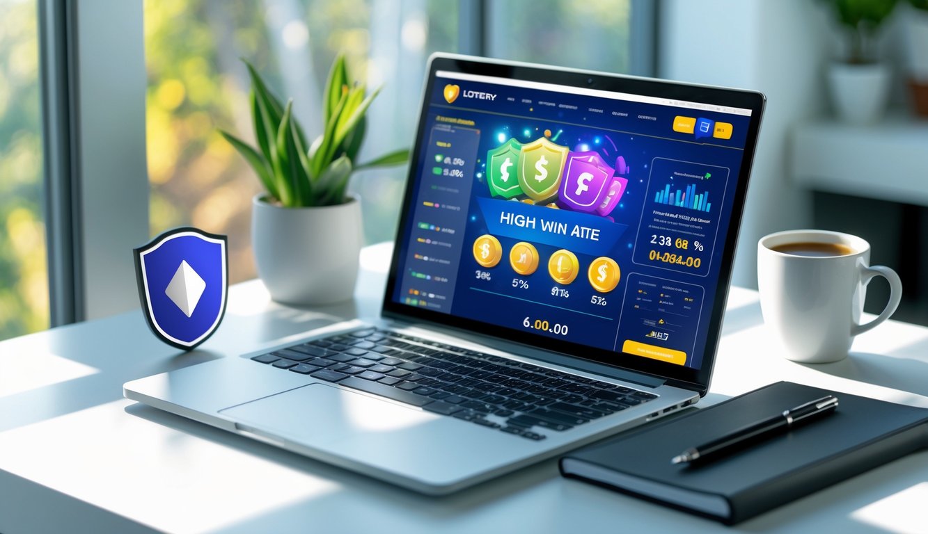 Sebuah ruang kerja modern dengan laptop yang menampilkan situs togel online, dikelilingi oleh alat tulis dan secangkir kopi di dekat jendela dengan cahaya alami.