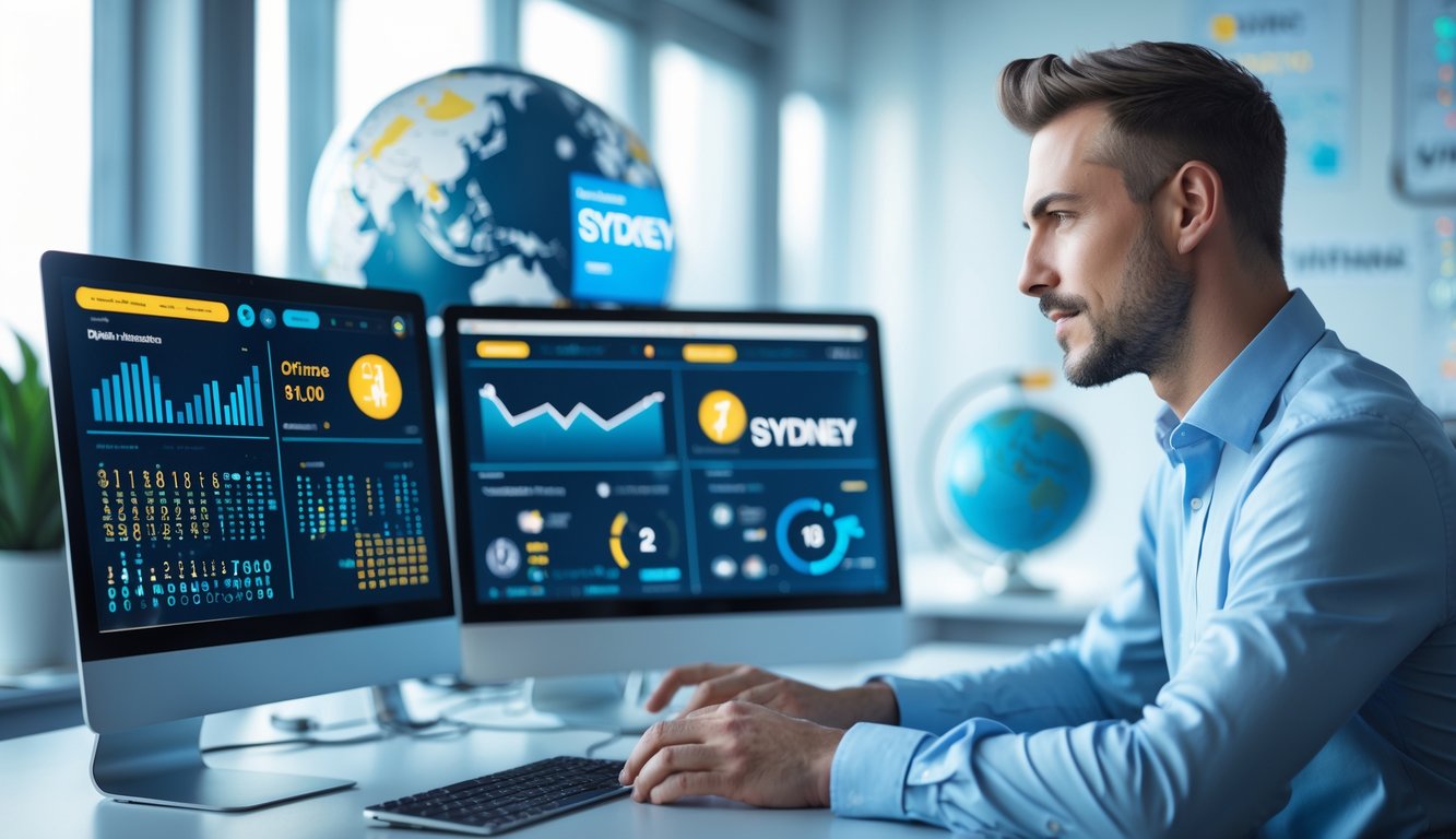 Seorang profesional sedang bekerja di depan beberapa layar komputer yang menampilkan grafik dan data lotere dalam sebuah kantor modern.