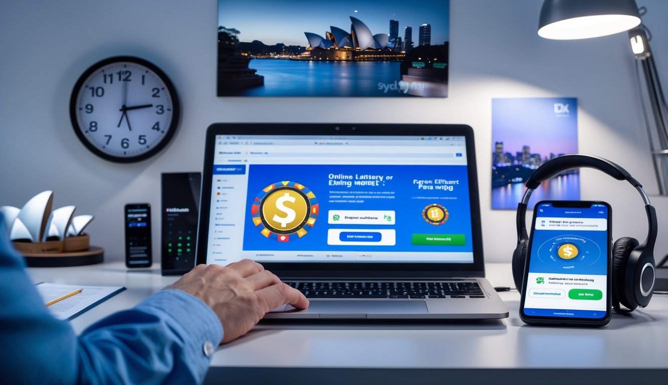 Seseorang menggunakan laptop dan smartphone di meja kerja dengan latar belakang miniatur Sydney Opera House dan jam yang menunjukkan layanan 24 jam.