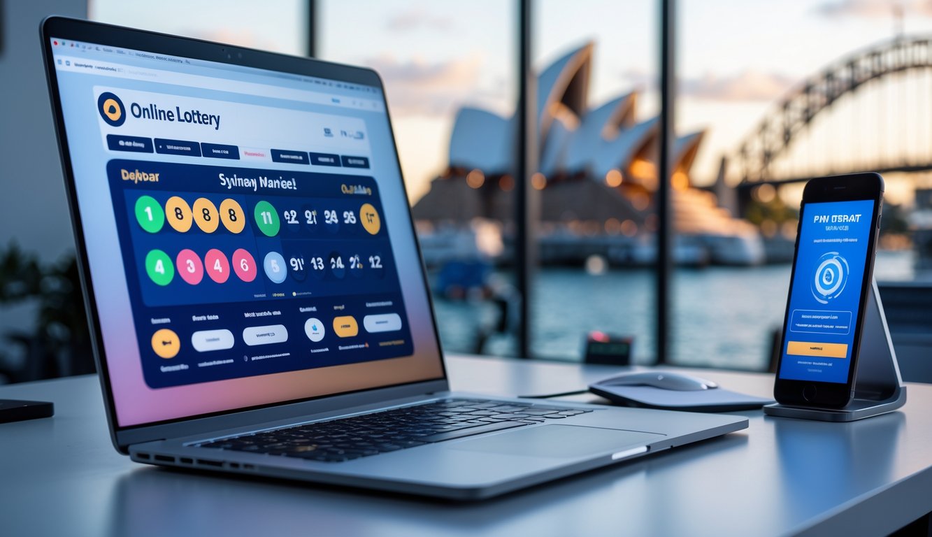 Seorang pengguna sedang menggunakan komputer dan ponsel untuk bermain togel online dengan latar belakang pemandangan kota Sydney.