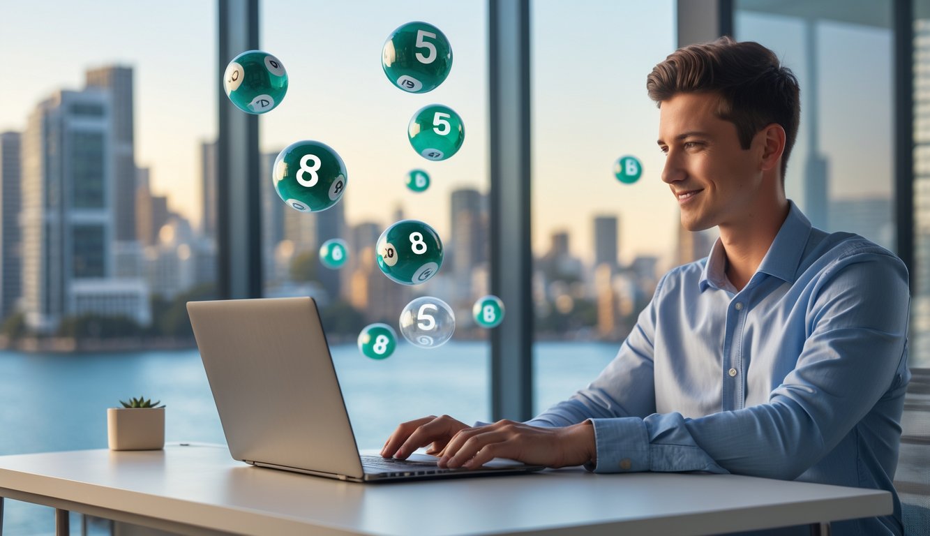 Seorang dewasa muda menggunakan laptop di meja kerja dengan latar belakang kota Sydney yang samar-samar terlihat.