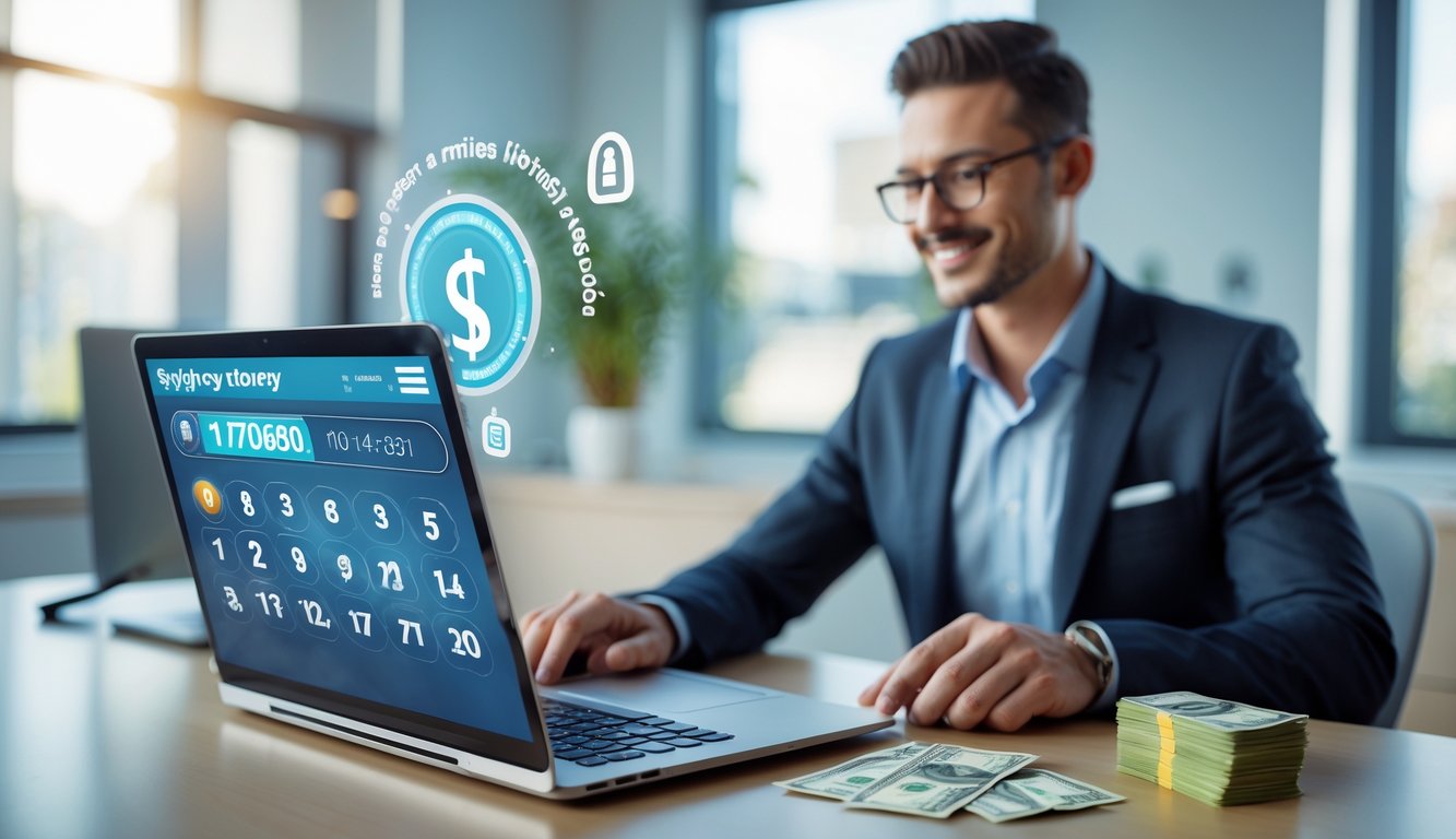 Seorang agen togel online yang percaya diri bekerja dengan laptop di kantor modern yang terang dan rapi.