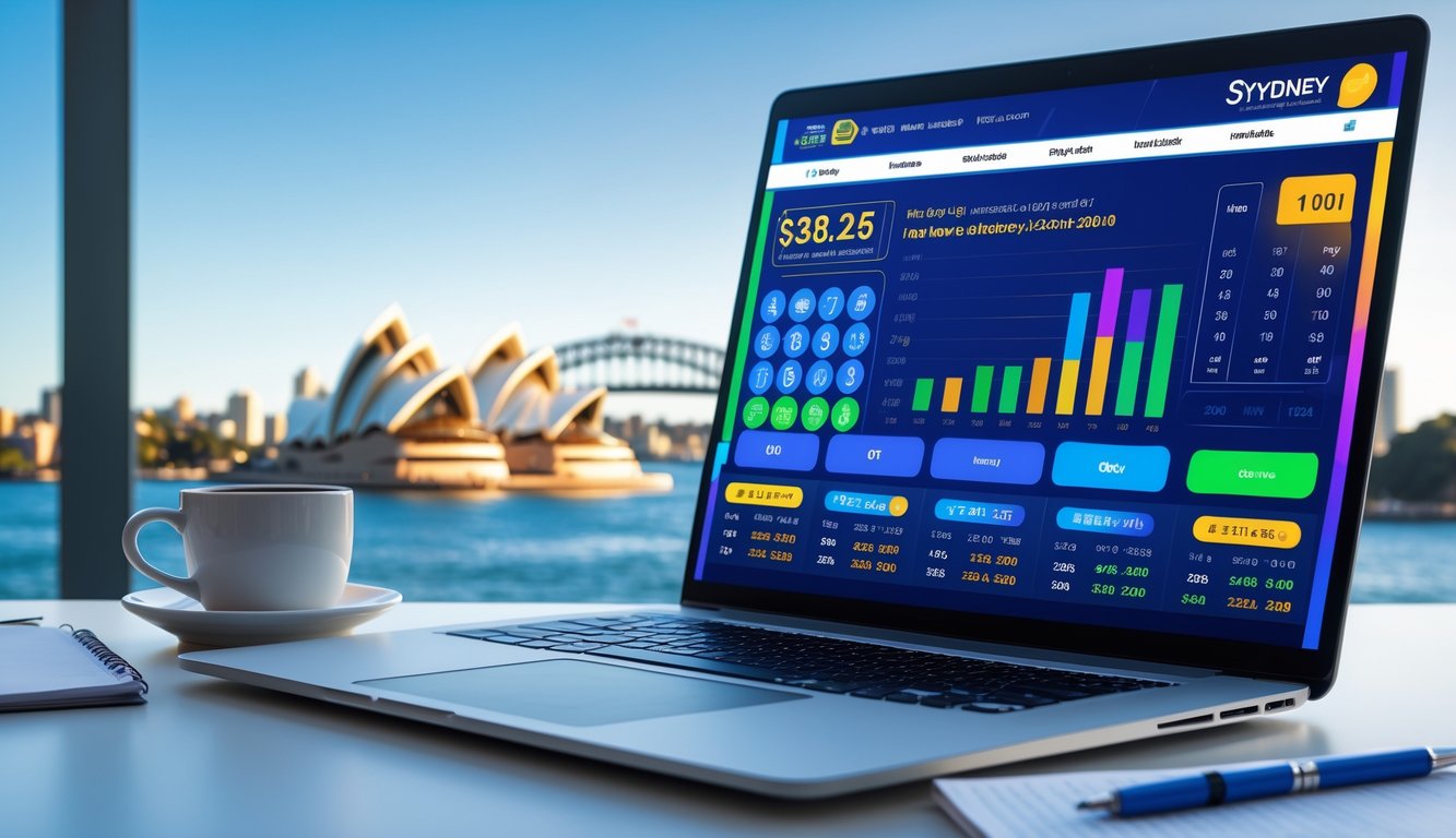 Seorang pria menggunakan laptop di meja dengan latar belakang pemandangan kota Sydney yang jelas, menampilkan suasana kerja yang modern dan teknologi.