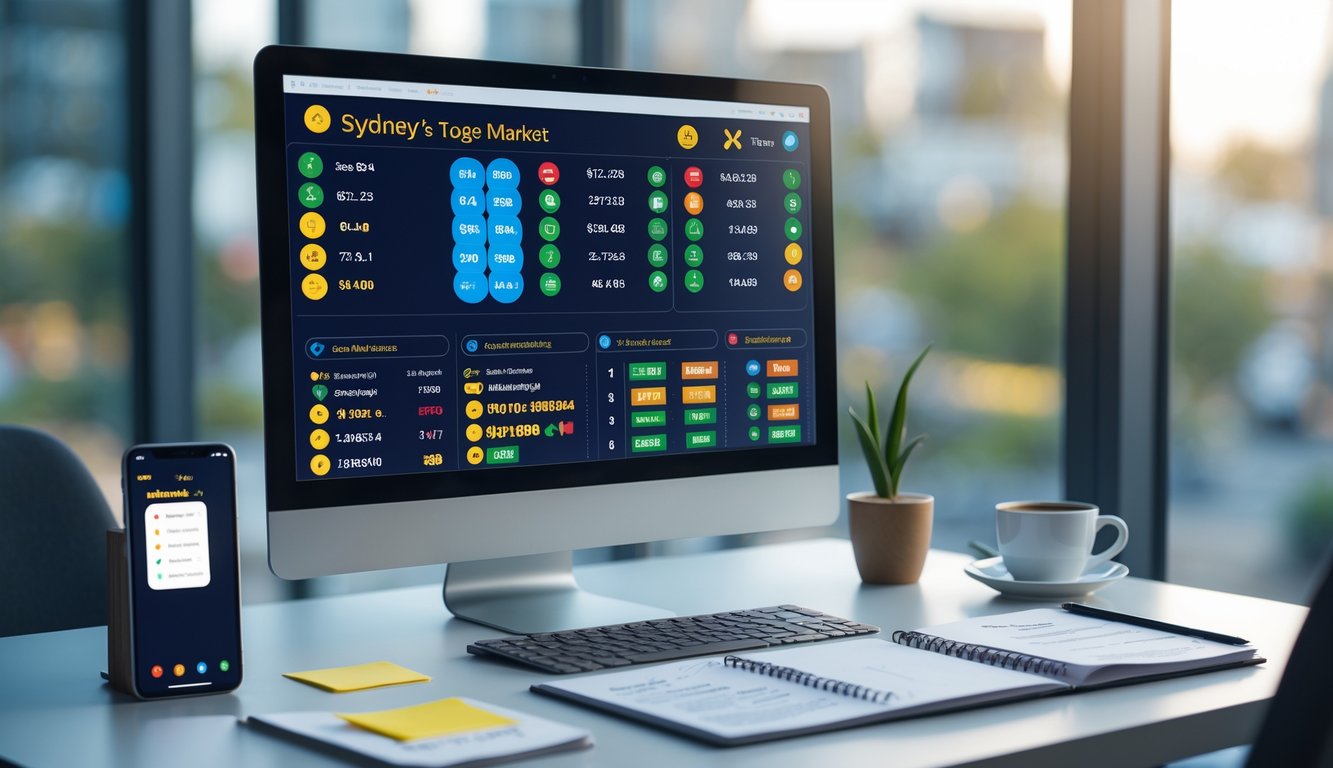 Meja kerja modern dengan komputer menampilkan hasil togel online Sydney dan ponsel dengan aplikasi taruhan.