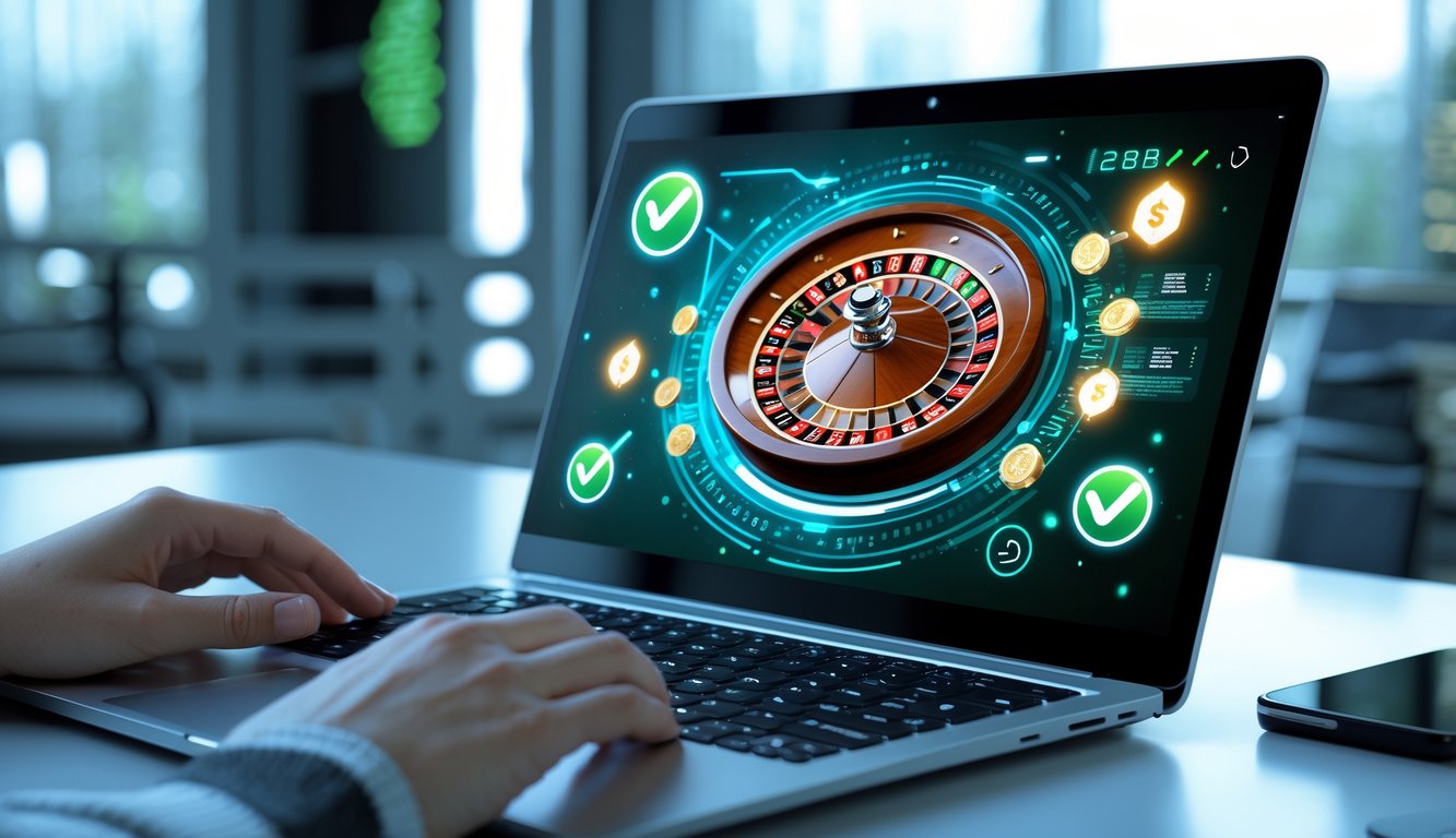 Seseorang menggunakan perangkat digital dengan tampilan roda roulette online dan ikon pembayaran cepat di layar.