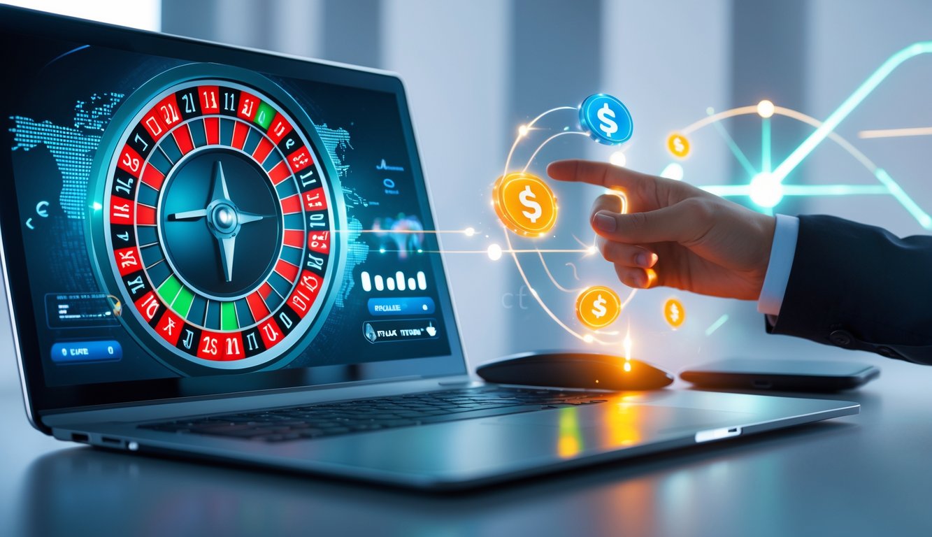 Sebuah perangkat digital menampilkan roda roulette online dengan simbol transaksi pembayaran cepat di sekitarnya.