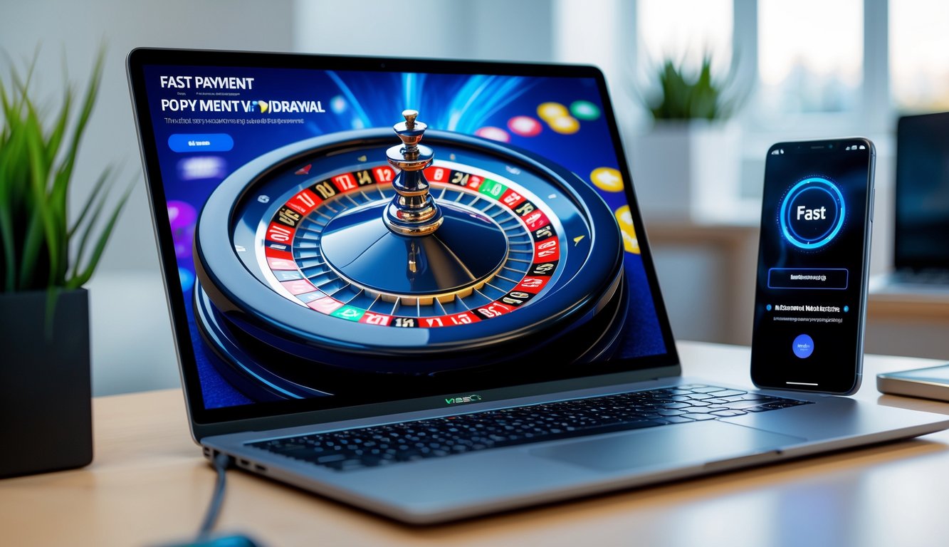Seorang pemain menggunakan komputer dan ponsel untuk bermain roulette online dengan tampilan pembayaran cepat.