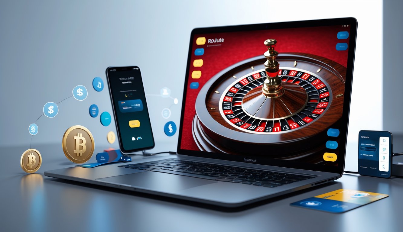 Sebuah meja dengan komputer menampilkan roda roulette online dan ikon pembayaran digital yang menunjukkan transaksi cepat dan mudah.