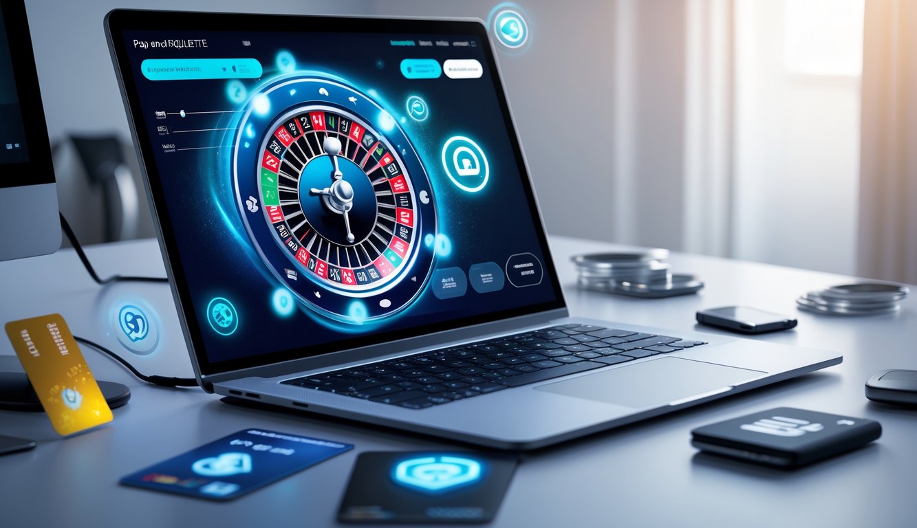 Sebuah meja kerja modern dengan laptop yang menampilkan roda roulette digital dan ikon pembayaran aman di sekitarnya.