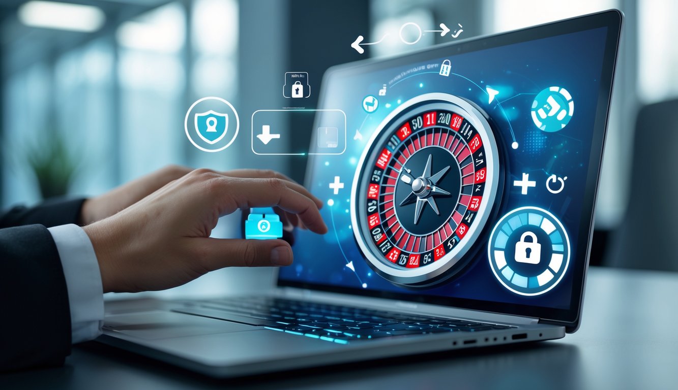 Seseorang menggunakan perangkat digital dengan tampilan roda roulette online dan ikon transaksi aman dan cepat di sekitarnya.