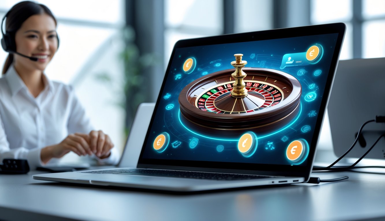 Seorang perwakilan layanan pelanggan dengan headset tersenyum di depan komputer yang menampilkan permainan roulette online dengan ikon pembayaran cepat di layar.