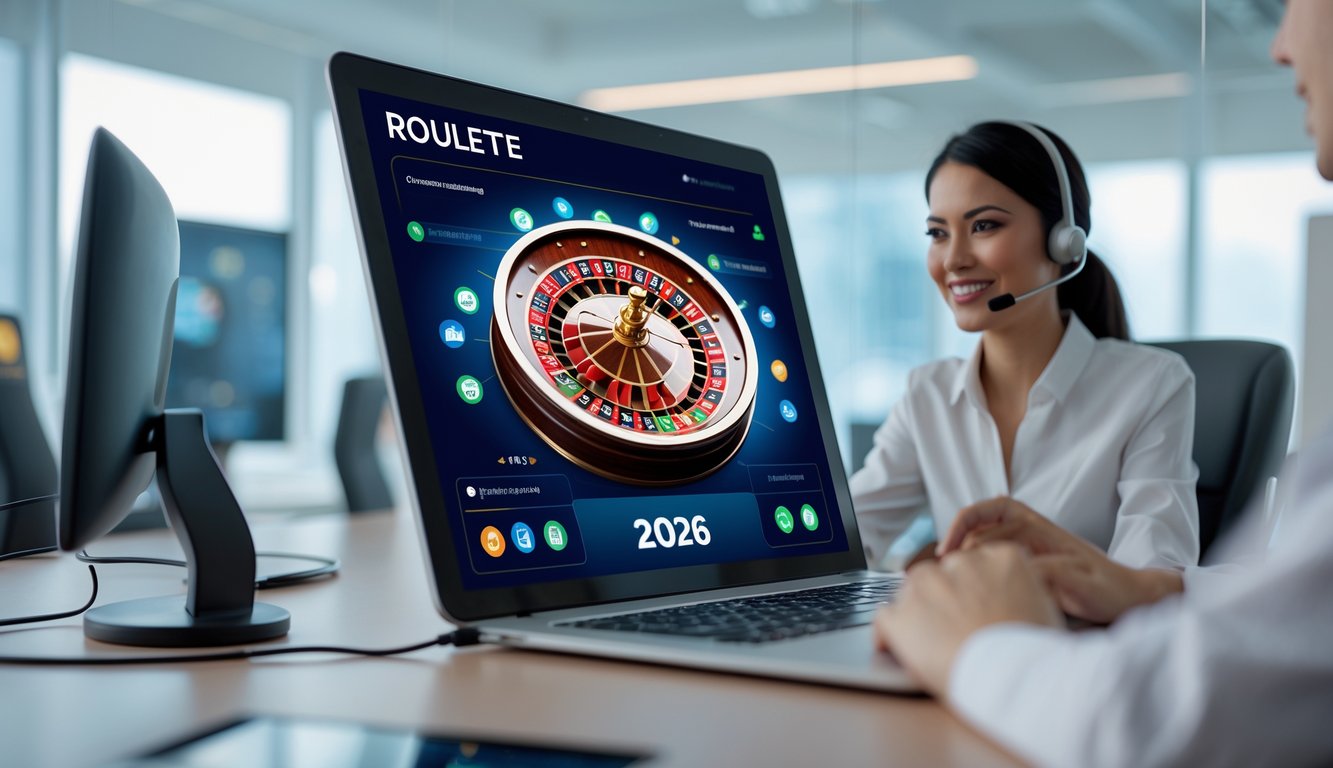 Seorang perwakilan layanan pelanggan dengan headset sedang bekerja di depan komputer yang menampilkan roda roulette online.