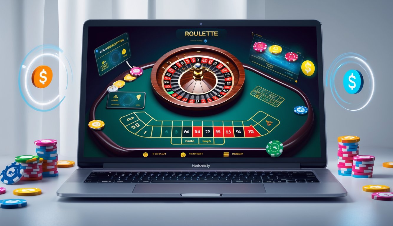 Seseorang menggunakan perangkat digital untuk bermain roulette online dengan tampilan permainan dan simbol pembayaran cepat di latar belakang.