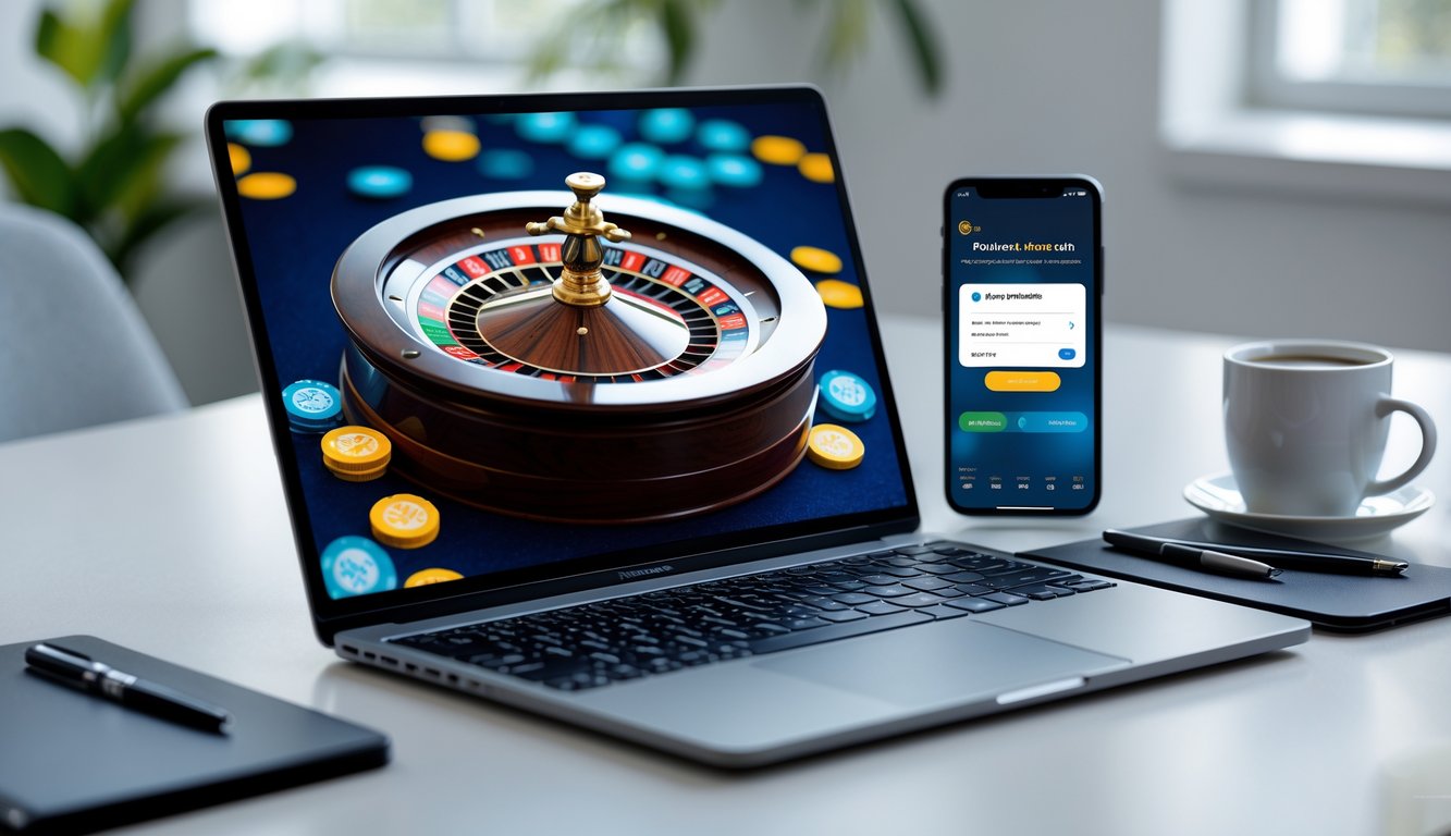 Seorang pengguna sedang bermain roulette online dengan laptop dan ponsel yang menunjukkan konfirmasi pembayaran cepat di meja kerja.