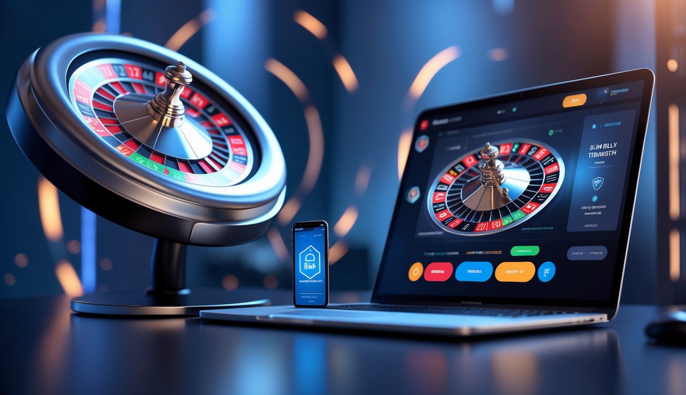 Tampilan meja roulette digital di layar komputer dengan smartphone yang menunjukkan sistem pembayaran cepat dan aman.