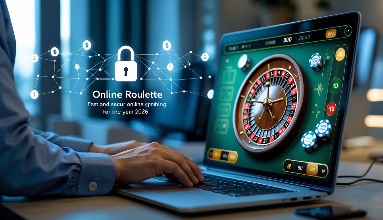 Seseorang menggunakan laptop dengan tampilan permainan roulette online dan ikon keamanan digital di latar belakang.