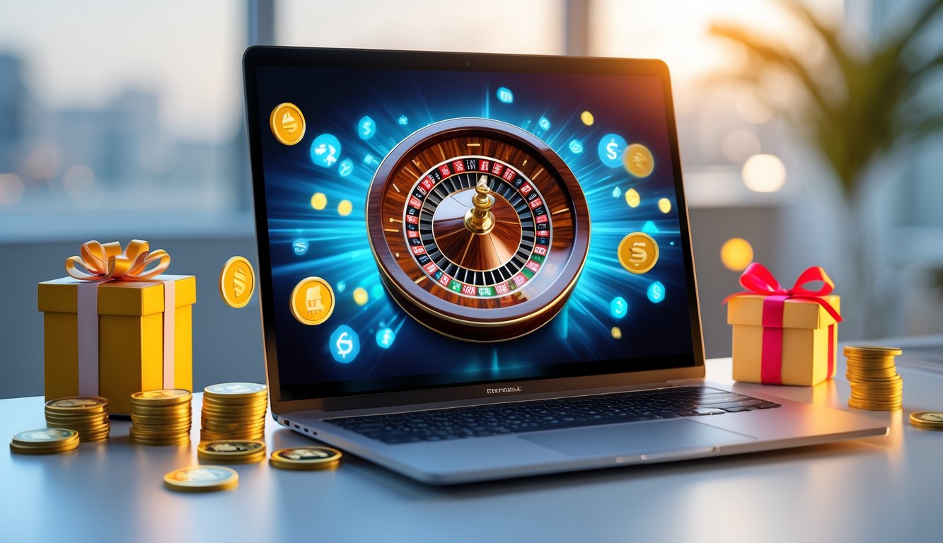Sebuah meja kerja dengan komputer yang menampilkan roda roulette digital berwarna cerah, dikelilingi ikon koin dan hadiah di latar yang samar.