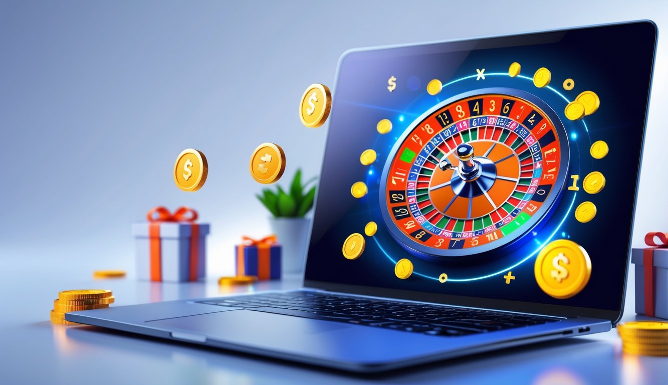 Layar komputer menampilkan roda roulette digital dengan ikon pembayaran cepat dan bonus di sekitar, menunjukkan situs roulette online yang menarik.