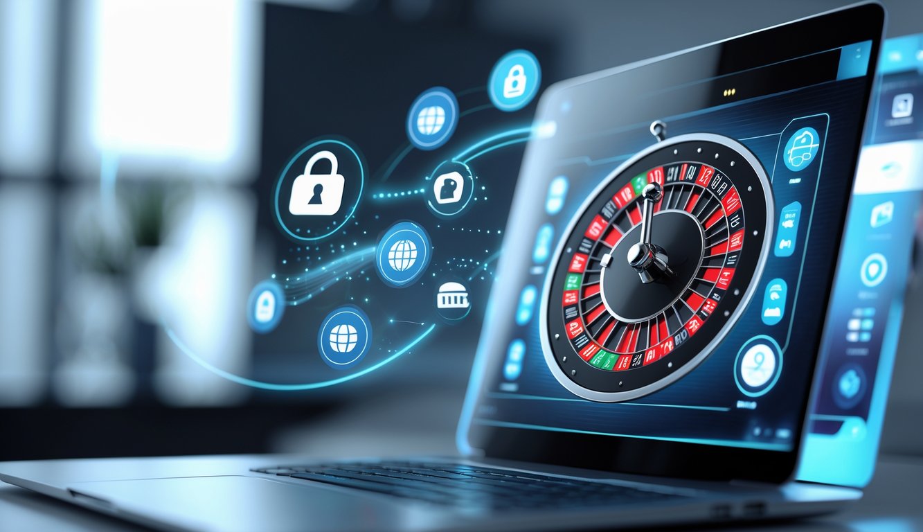 Sebuah meja kerja modern dengan layar komputer menampilkan roda roulette digital dan ikon pembayaran bank serta e-wallet yang menunjukkan proses pembayaran cepat.