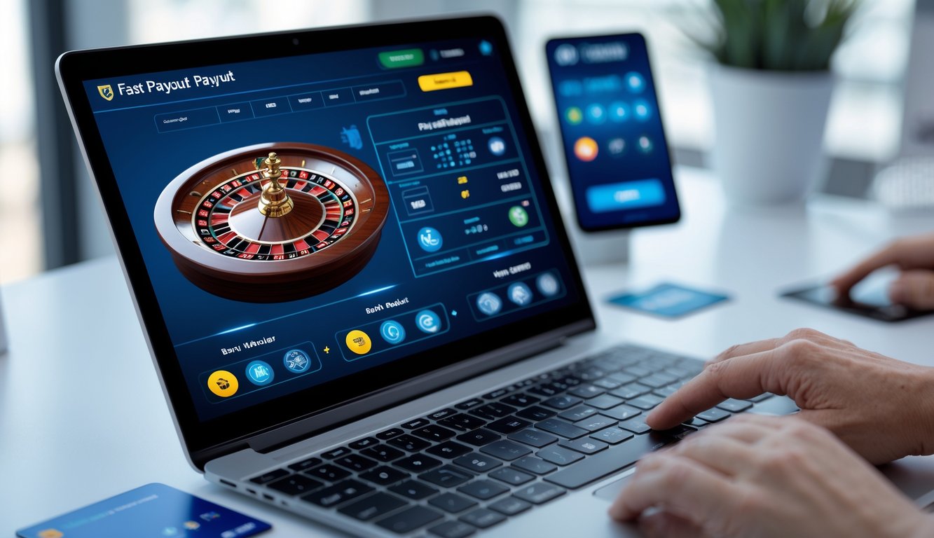Sebuah laptop menampilkan permainan roulette online dengan ikon metode pembayaran transfer bank dan e-wallet di meja kerja yang rapi.