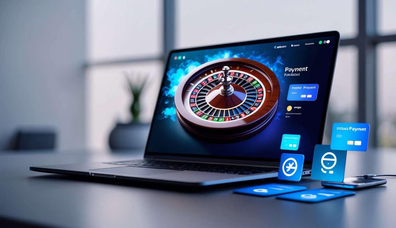 Sebuah laptop atau ponsel menampilkan roda roulette yang berputar dengan ikon pembayaran digital di sampingnya, menggambarkan proses pembayaran cepat dan instan tanpa potongan.