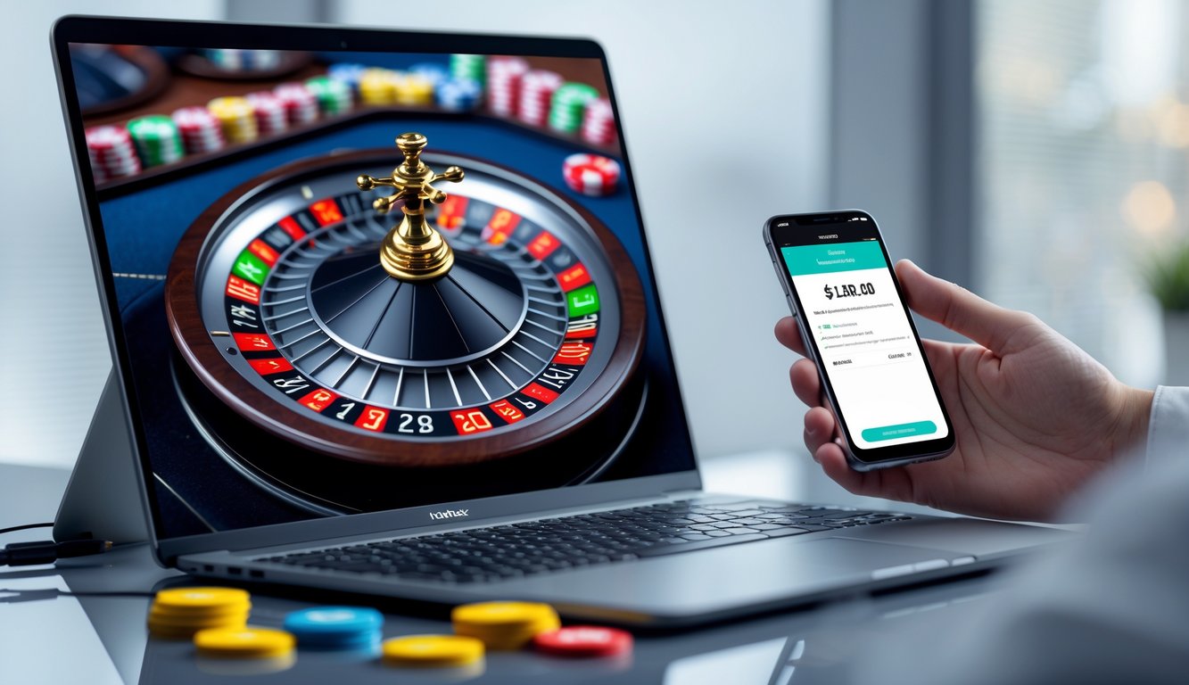 Seorang pengguna bermain roulette online di komputer dengan layar menampilkan roda roulette dan chip warna-warni, serta ponsel yang menunjukkan konfirmasi pembayaran cepat.