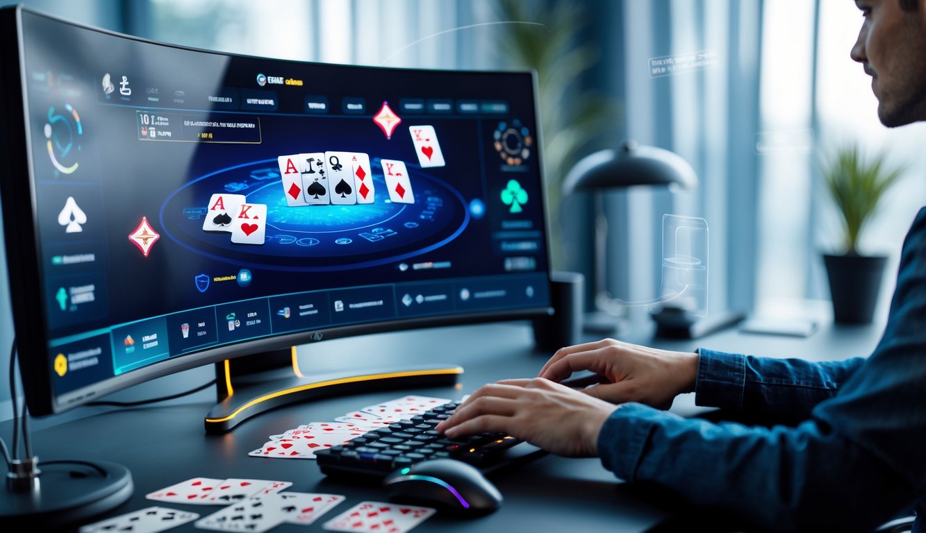 Seseorang bermain poker online di meja dengan chip dan kartu, di depan layar komputer modern dalam ruangan yang terang dan rapi.