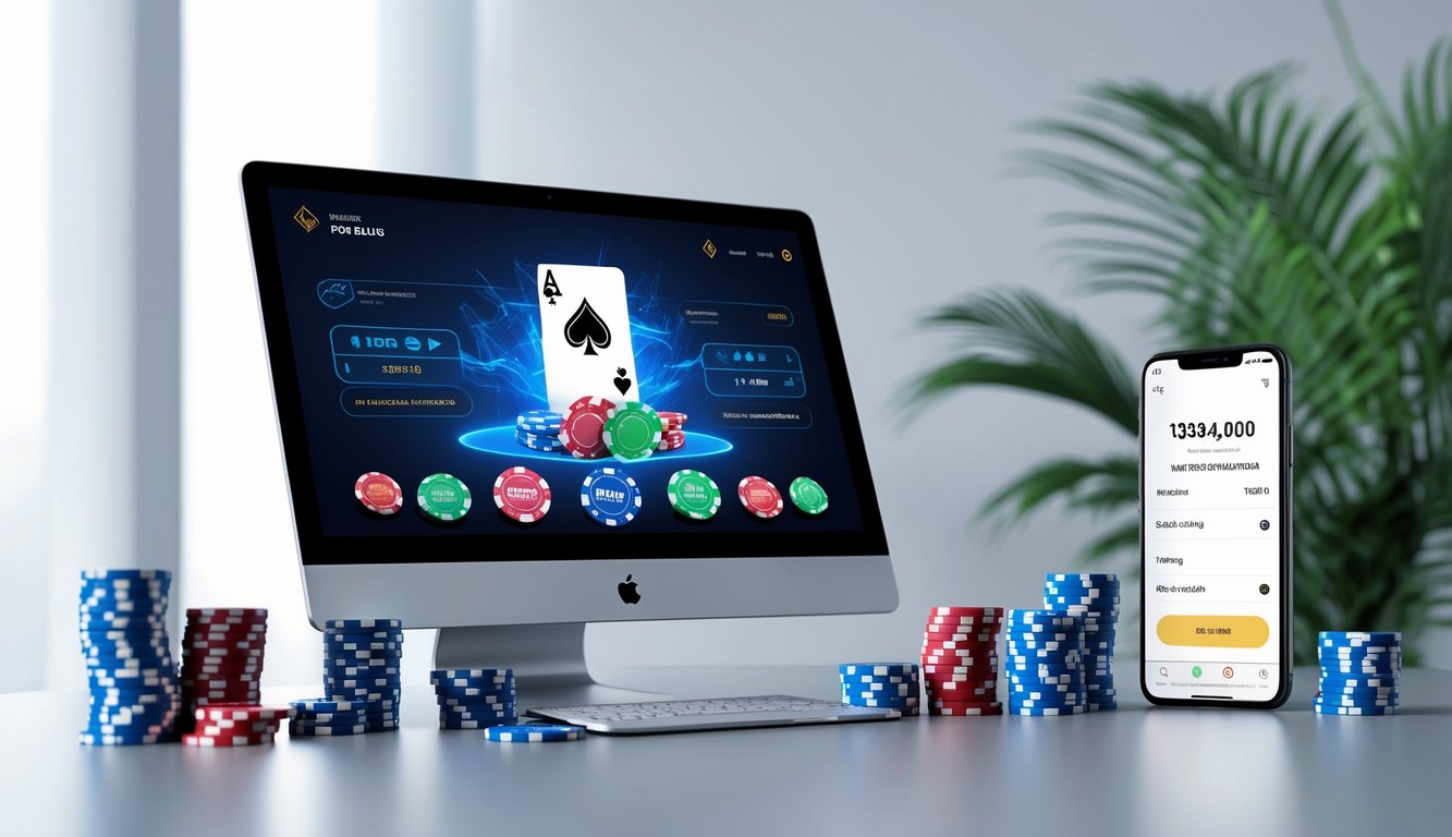 Meja dengan komputer menampilkan permainan poker online, tumpukan chip poker, kartu bermain, dan ponsel yang menunjukkan transaksi deposit dan penarikan.