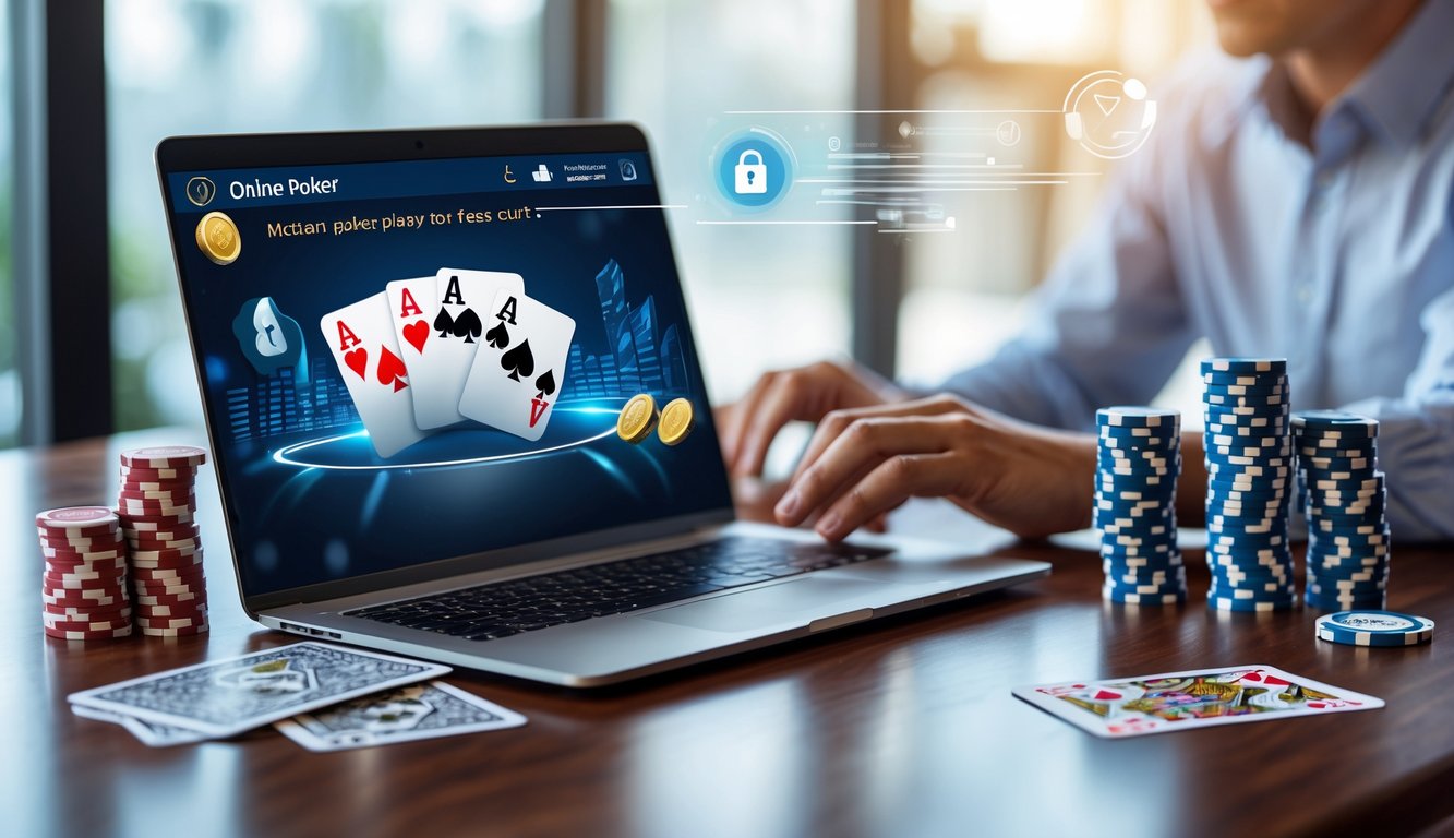 Meja dengan laptop yang menampilkan permainan poker online, tumpukan chip poker, dan kartu bermain, dengan tangan seseorang yang sedang menggunakan laptop.