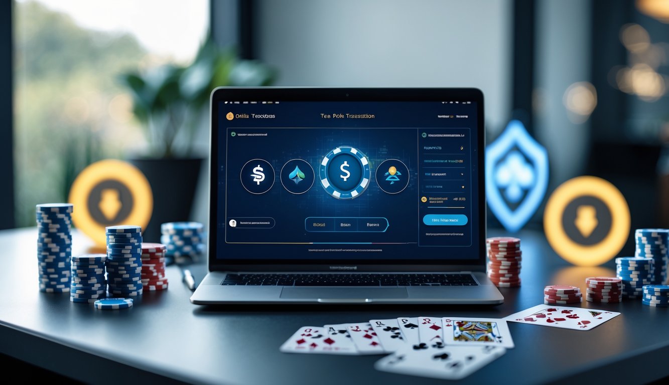 Seorang pemain poker online menggunakan laptop dengan chip poker dan kartu di meja, menunjukkan transaksi aman tanpa biaya tambahan.