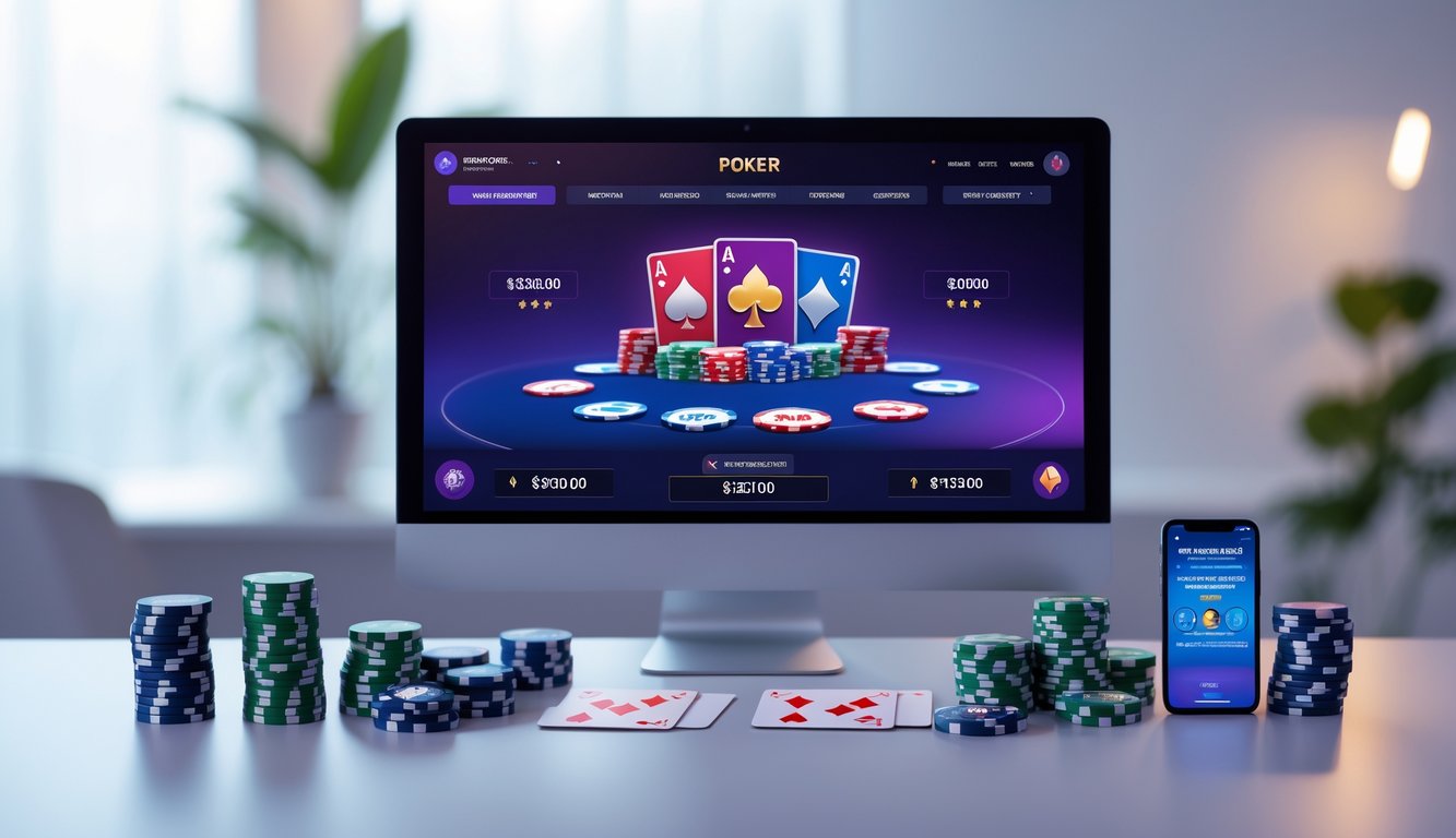 Sebuah meja dengan komputer dan perangkat yang menampilkan permainan poker online, dikelilingi oleh chip poker dan kartu remi.