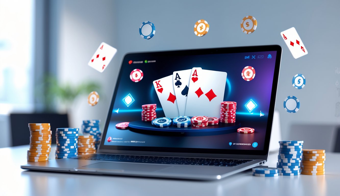 Seorang pemain menggunakan komputer dengan layar menampilkan permainan poker online dan tumpukan chip poker di meja.