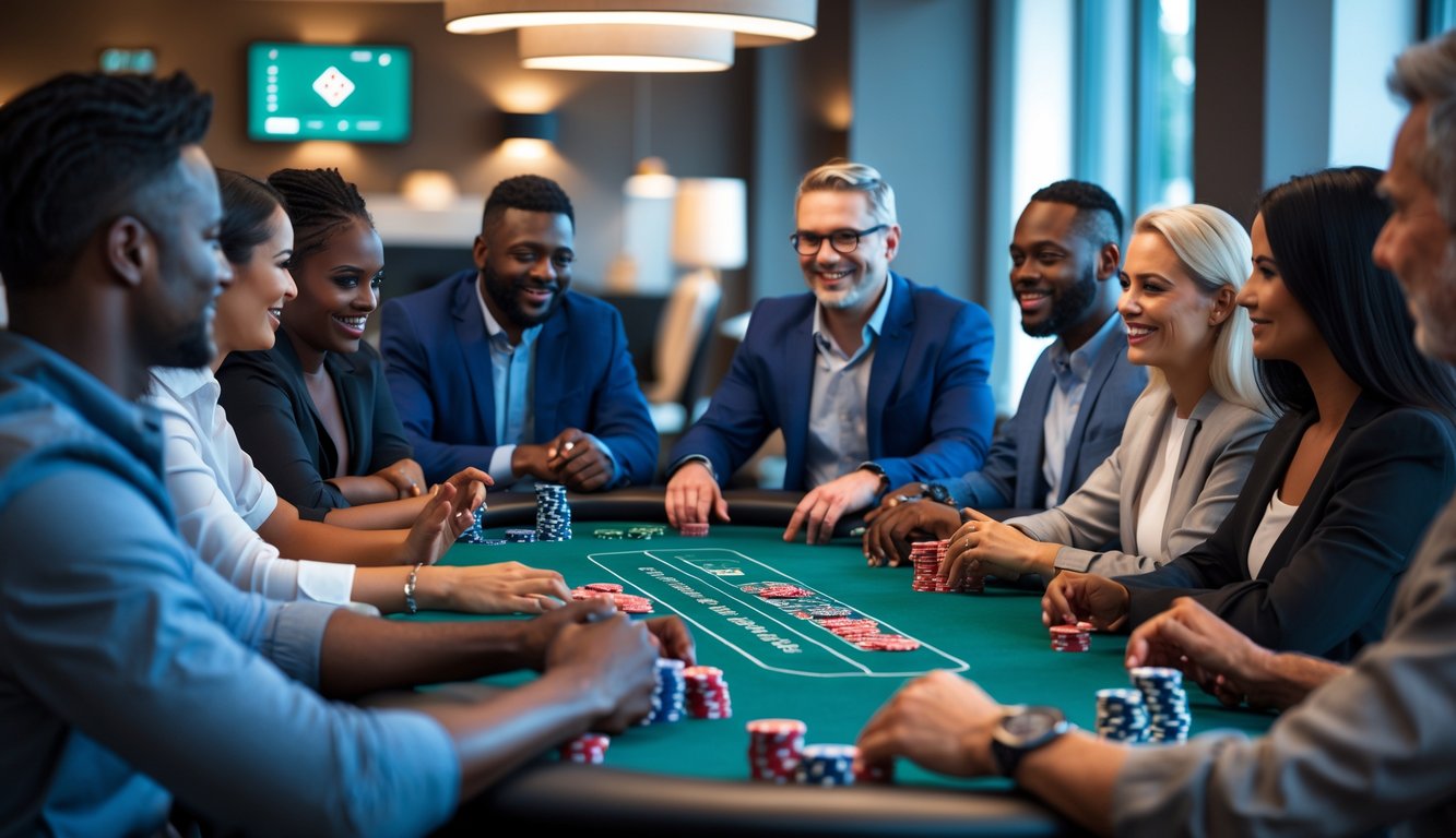 Sekelompok orang dewasa bermain poker di meja modern dengan suasana yang aman dan cepat.