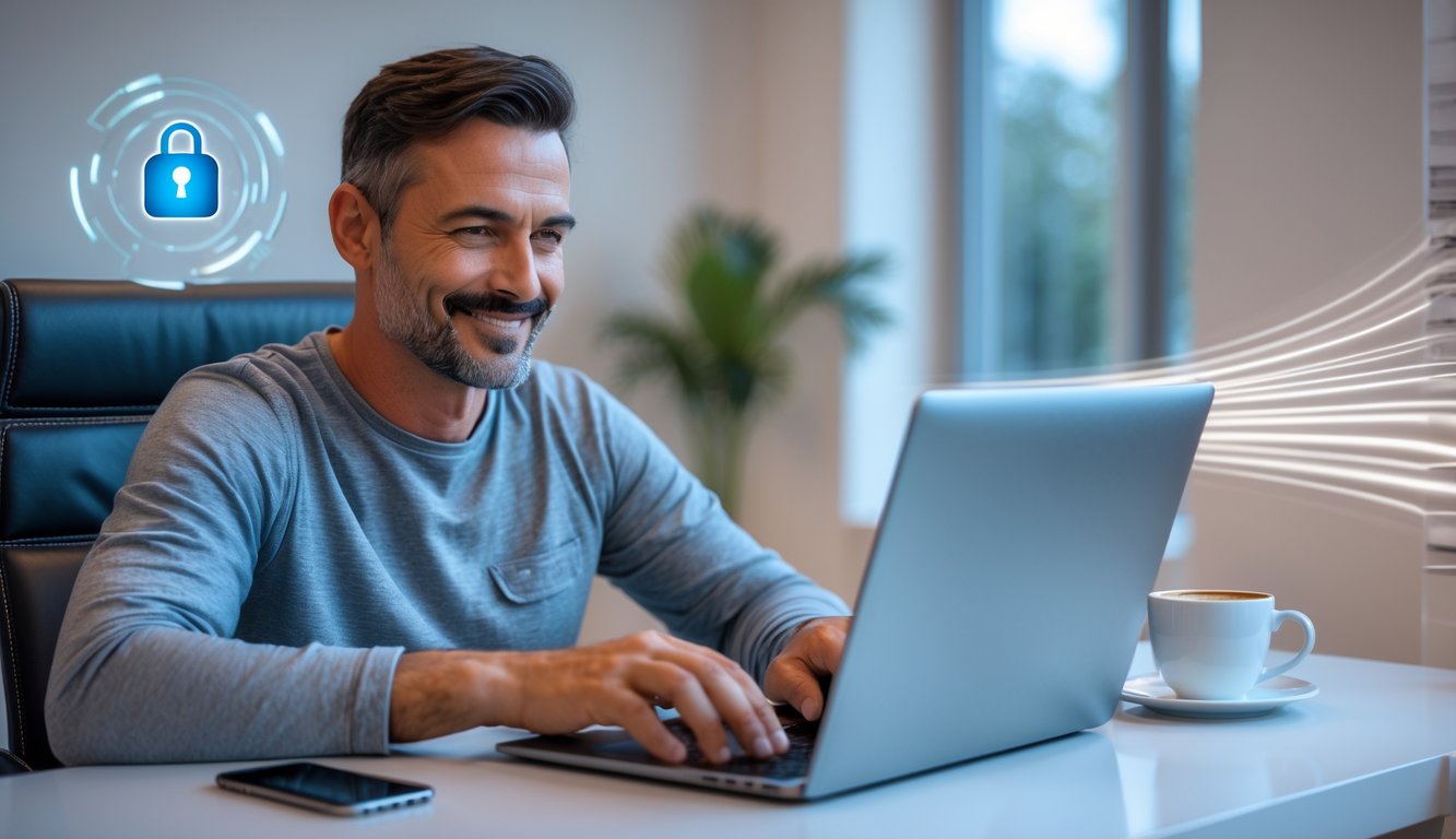 Seorang pria dewasa duduk di meja modern bermain poker online menggunakan laptop di ruang kerja yang terang dan rapi.