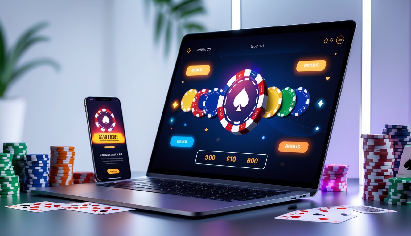 Sebuah meja dengan komputer dan perangkat yang menampilkan permainan poker online dengan kartu dan chip poker di sekitarnya.