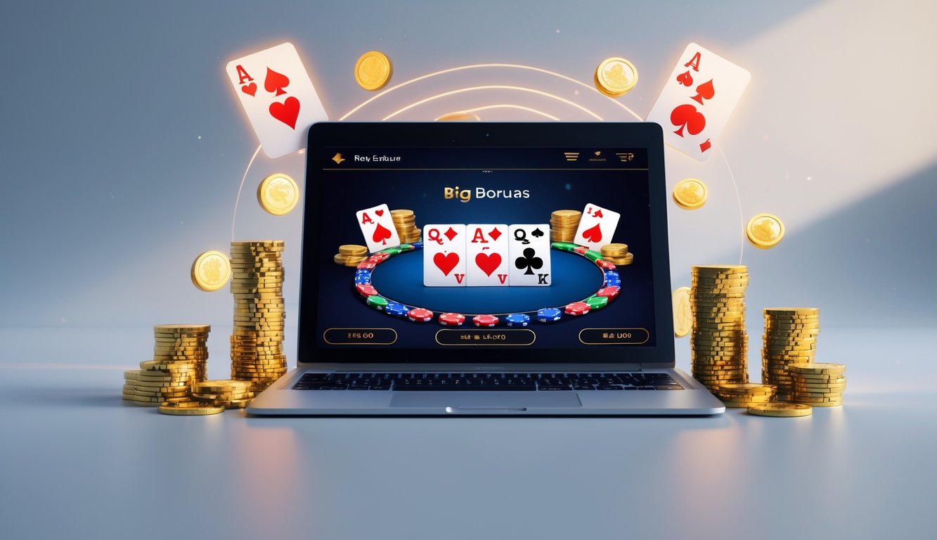 Sebuah perangkat digital menampilkan permainan poker online dengan kartu dan chip poker, dikelilingi oleh tumpukan chip dan koin yang menggambarkan bonus besar tanpa potongan.
