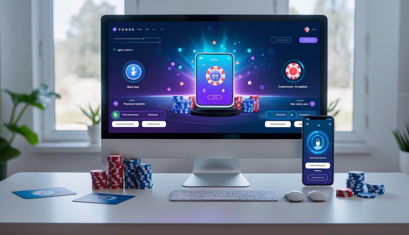 Sebuah meja kerja modern dengan komputer menampilkan permainan poker online, chip poker, kartu remi, dan ponsel yang menunjukkan aplikasi pembayaran aman.
