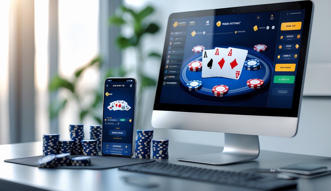 Sebuah meja kerja dengan komputer dan ponsel menampilkan permainan poker online, tumpukan chip poker, dan uang tunai kecil di sampingnya.