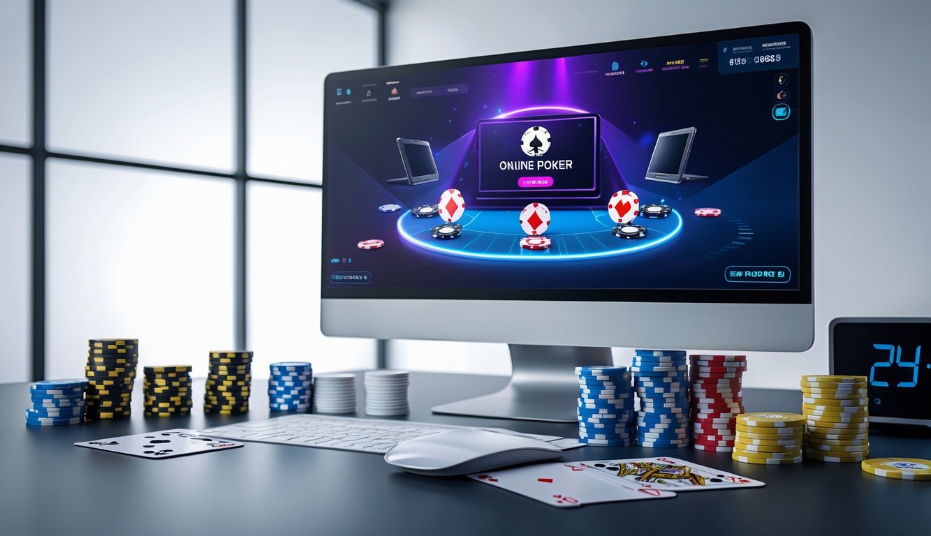 Sebuah meja dengan komputer menampilkan permainan poker online, chip poker, kartu, dan jam digital yang menunjukkan layanan 24 jam.