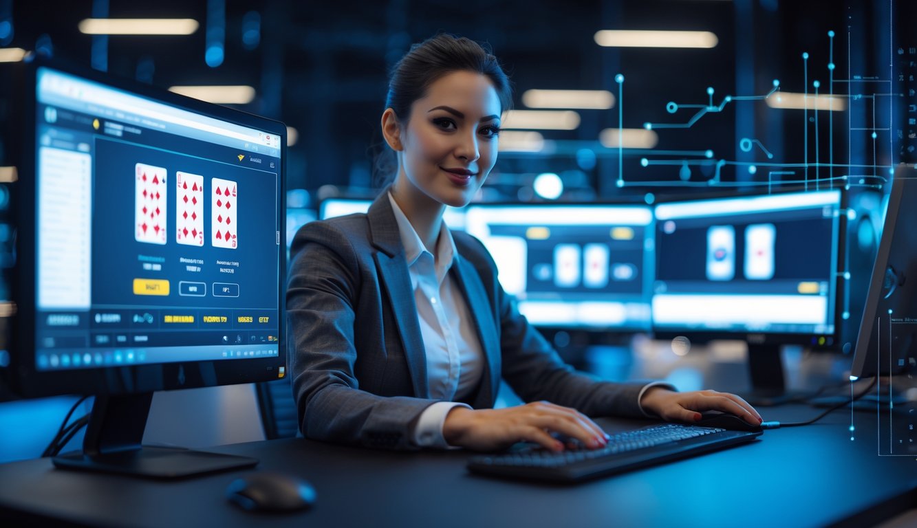 Seorang pemain poker online sedang duduk di depan komputer dengan layar menampilkan permainan poker, menunjukkan suasana bermain poker online yang cepat dan tanpa gangguan.