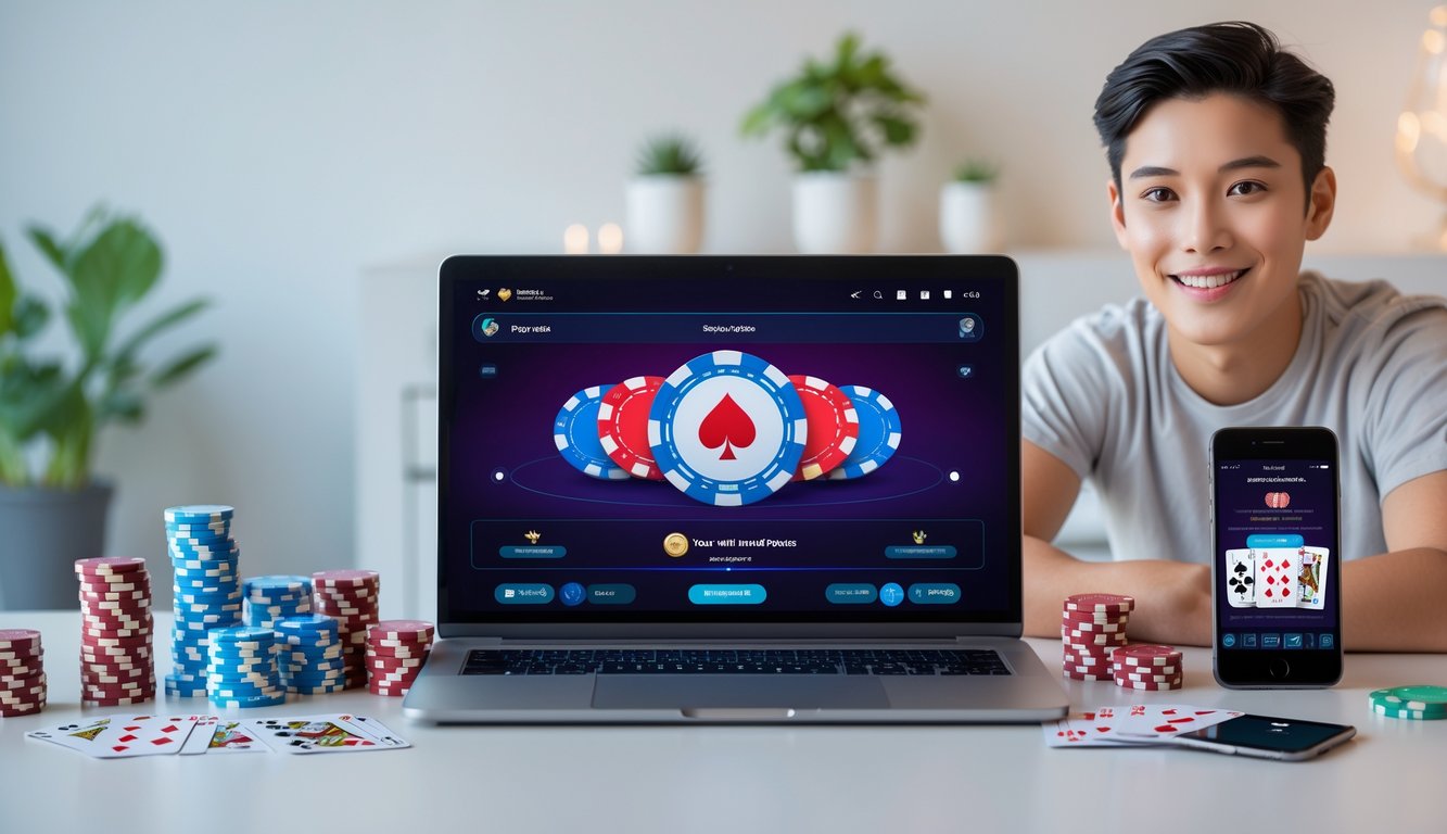 Seorang pemain muda tersenyum di depan laptop dengan permainan poker online dan chip poker di meja.