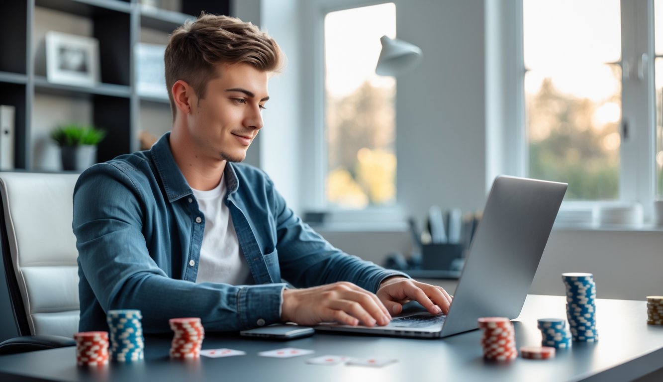 Seorang pria muda duduk di meja dengan laptop, bermain poker online di ruang kerja yang rapi dan terang.
